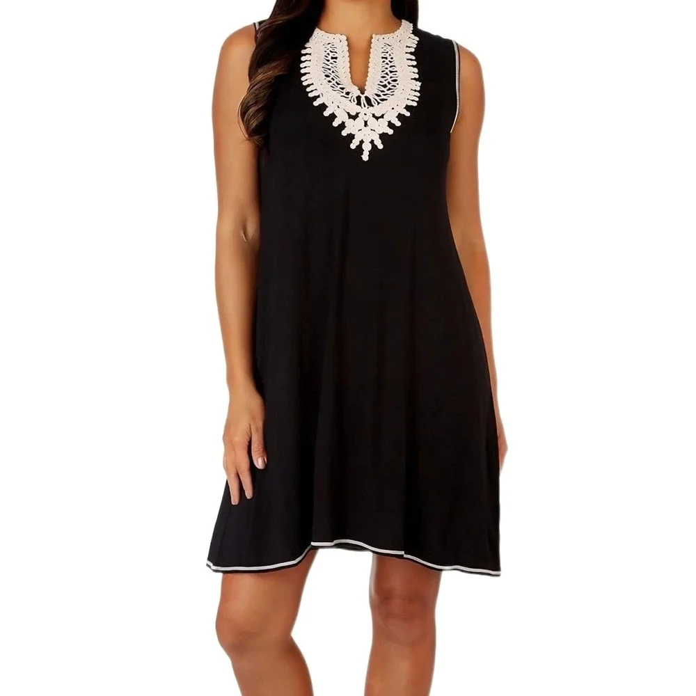 Max Studio Sleeveless Dress Size M Black V Neck Crochet Trim